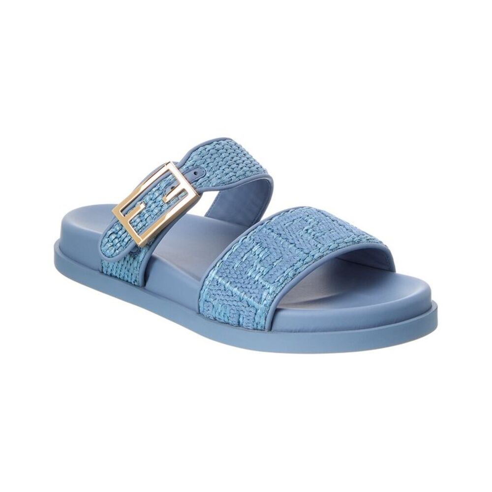 Fendi Feel Raffia & Leather Sandal, Blue